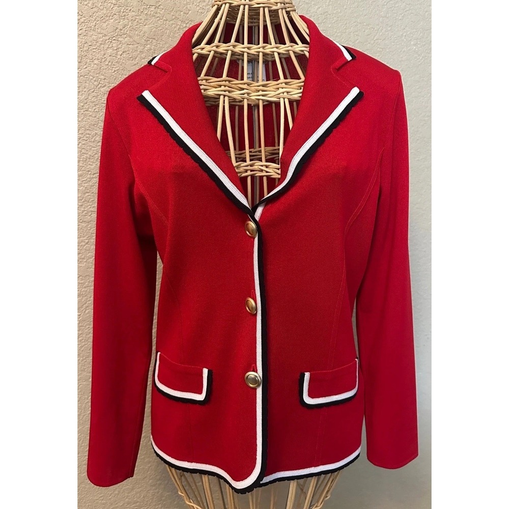 Misook Petite Red Knit Blazer Jacket Gold Button Scallop Trim XS P Classic